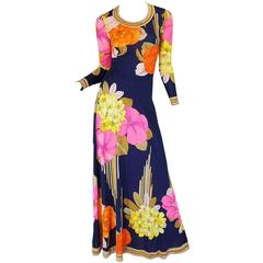 Beautiful 1970s Tropical Print Silk Jersey Leonard Maxi Dress