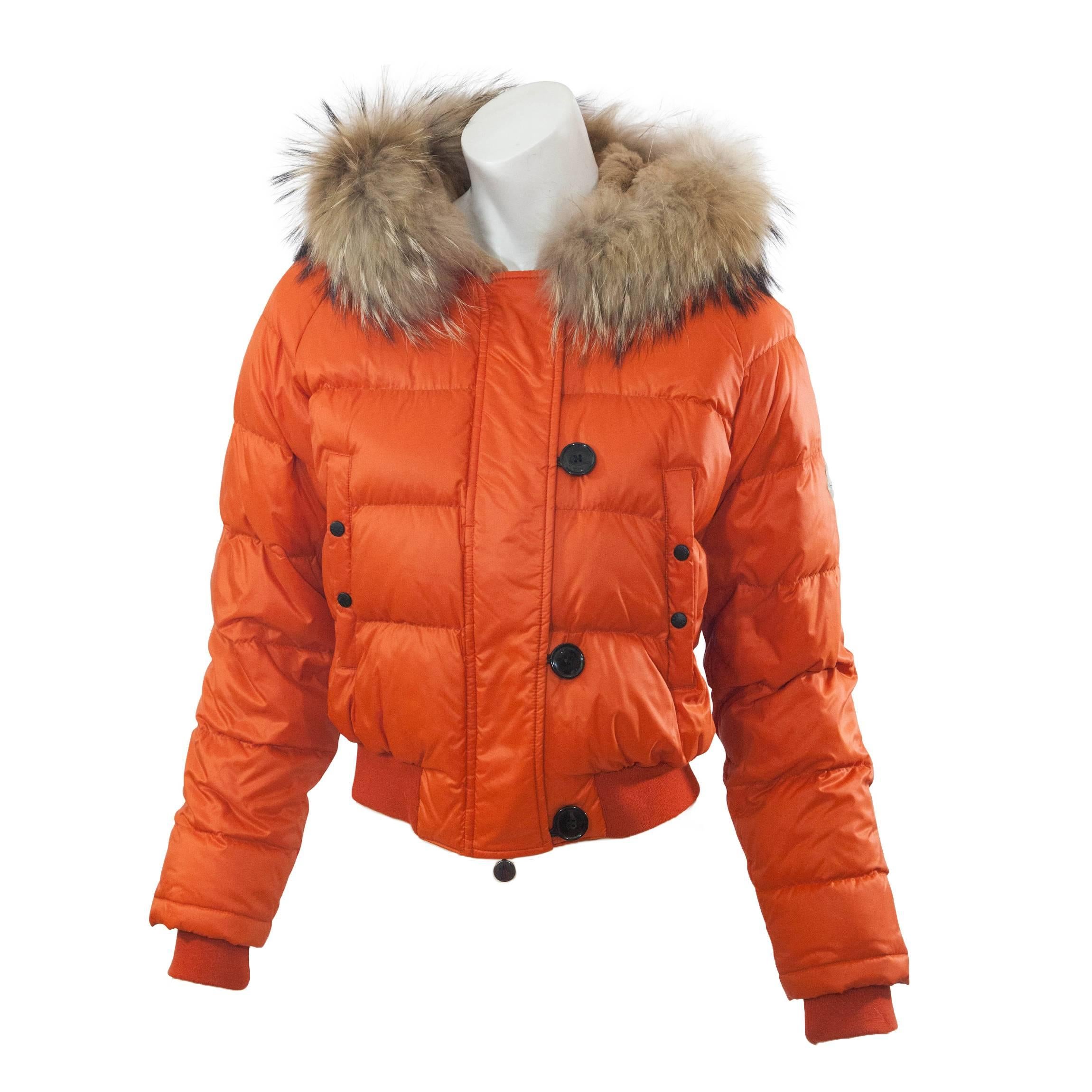 Orange Moncler Hooded Down Jacket with Fur