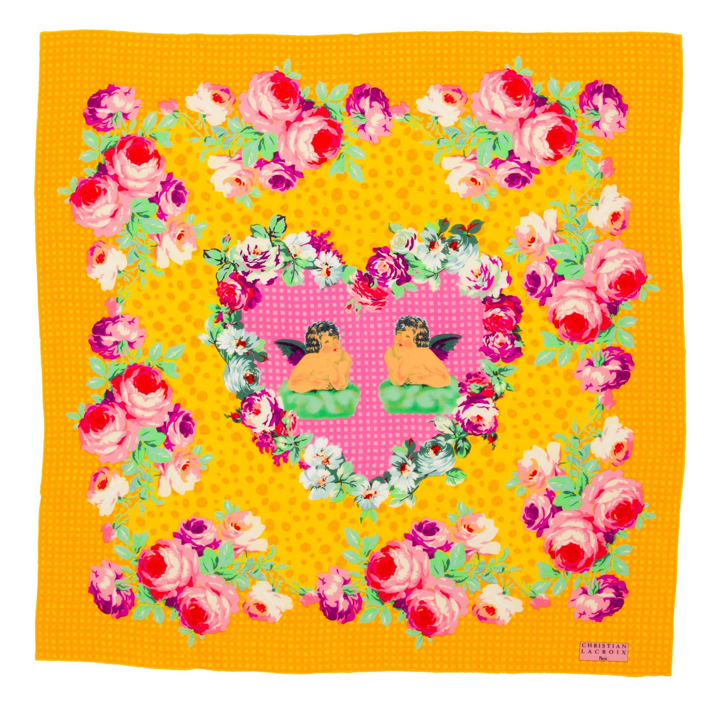 Christian Lacroix 1990s Marigold Yellow Scarf with Rose, Heart and Cherub Design
