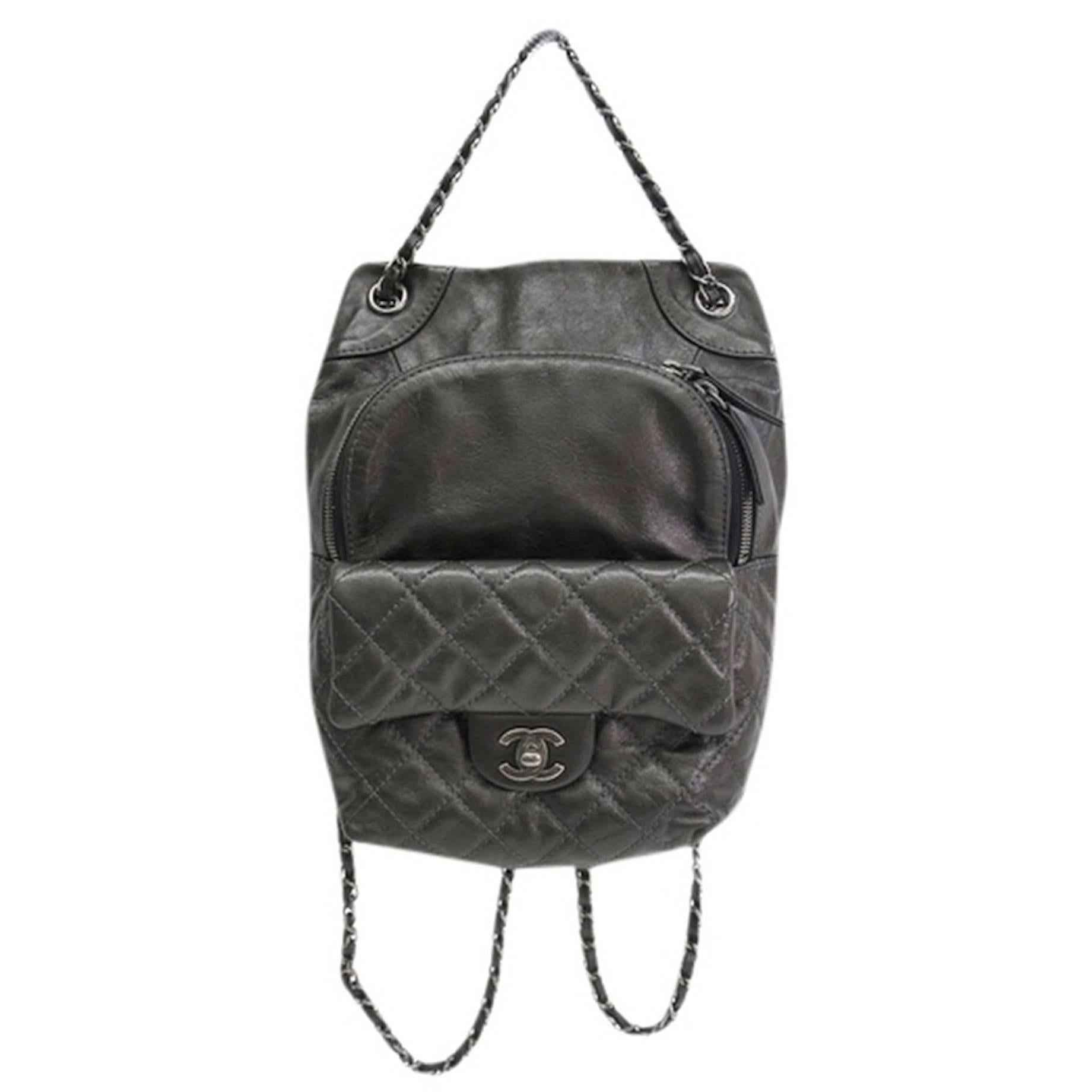 Chanel Gunmetal Black Gray Quilted Lambskin Silver Chain Hardware Backpack Bag