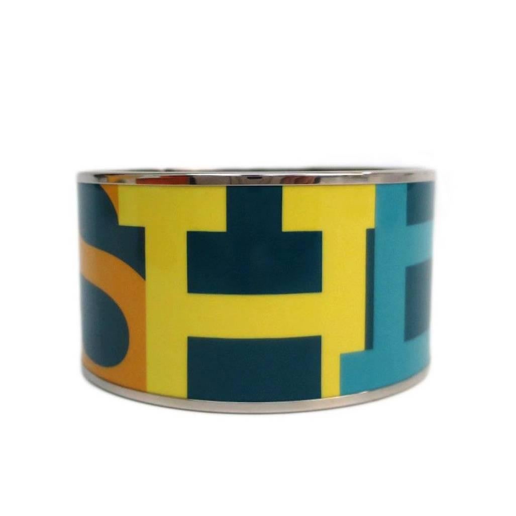 Hermes Enamel Multi Color Hermes Logo Wide Bangle Cuff Bracelet