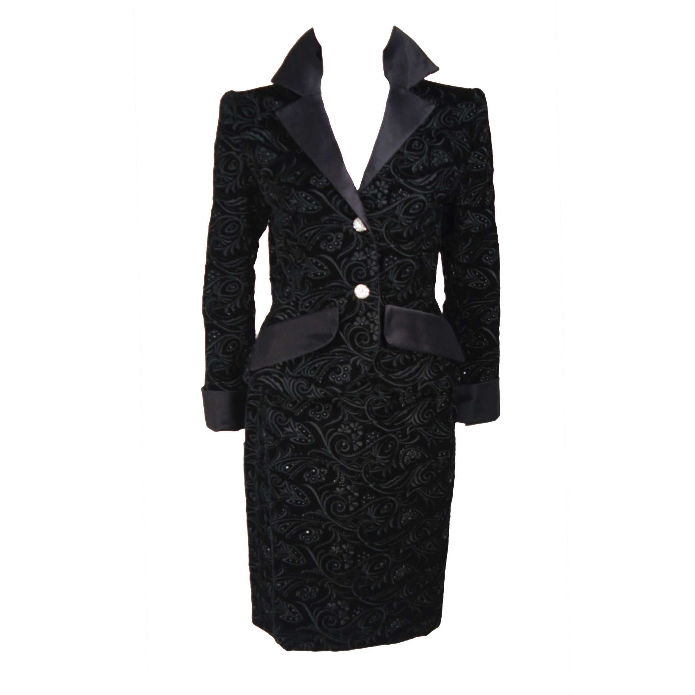 GIVENCHY COUTURE 1980s Black Velvet Floral Embroidered Embellished Suit Size 4-6
