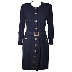 CHANEL Attributed Navy Drape Dress with Belt & Gold Textured Logo Buttons Size 6