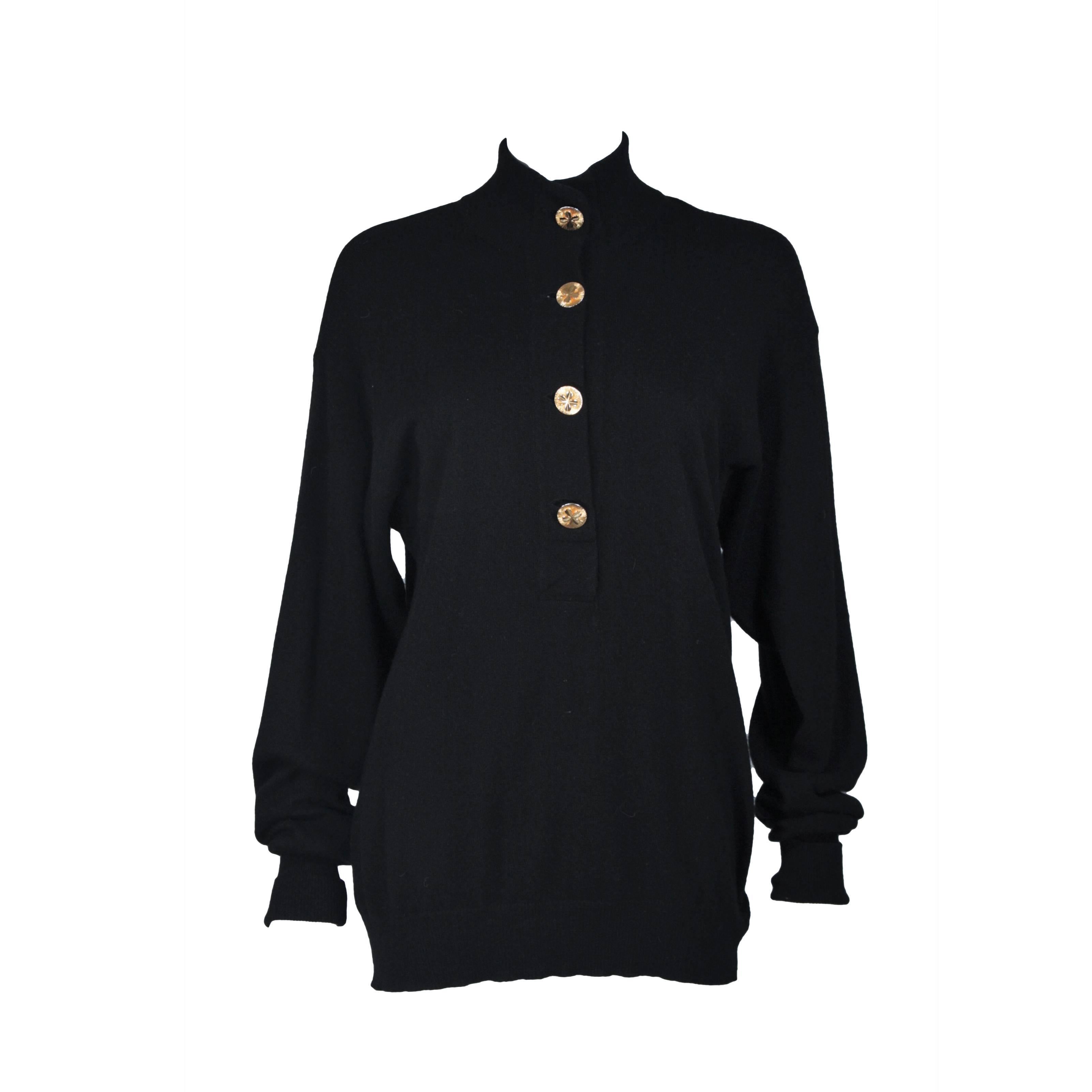 CHANEL Black Cashmere Sweater with Gold Buttons Size 38