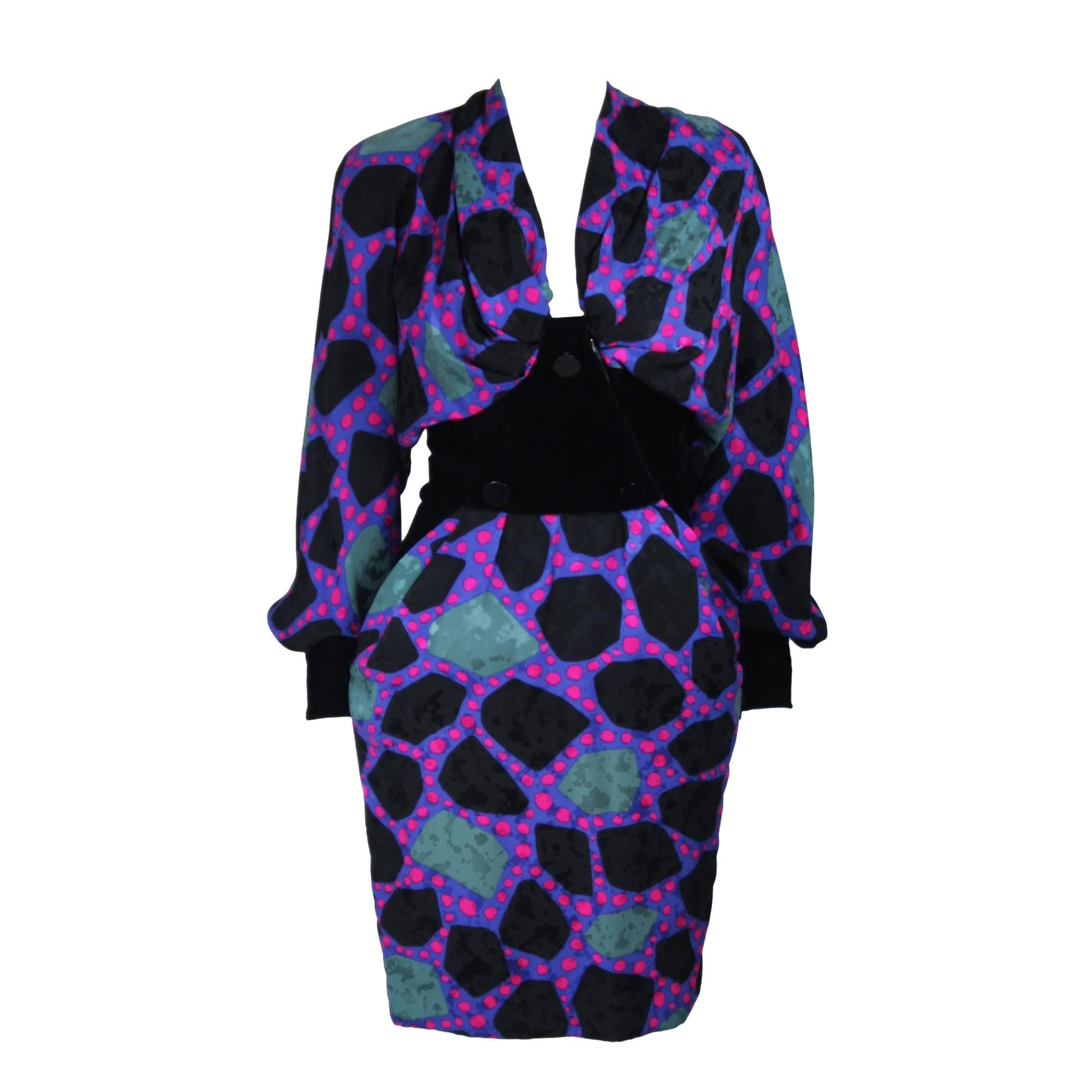 JACQUELINE DE RIBES Circa 1990s Abstract Silk Printed Dress with Velvet Size 6-8 For Sale