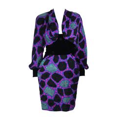 JACQUELINE DE RIBES Circa 1990s Abstract Silk Printed Dress with Velvet Size 6-8 3