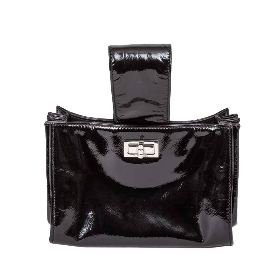 Chanel Black Patent Mademoiselle Lock Convertible Clutch Bag 