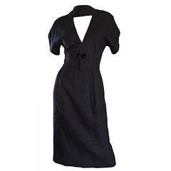 Estevez 1950s Black Silk Retro Cut - Out Dress w/ Mink Pom Poms and Tassel 