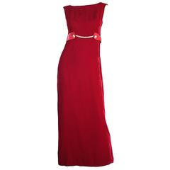 1960s 60s Lipstick Red Velvet Vintage Column Gown w/ Rhinestones