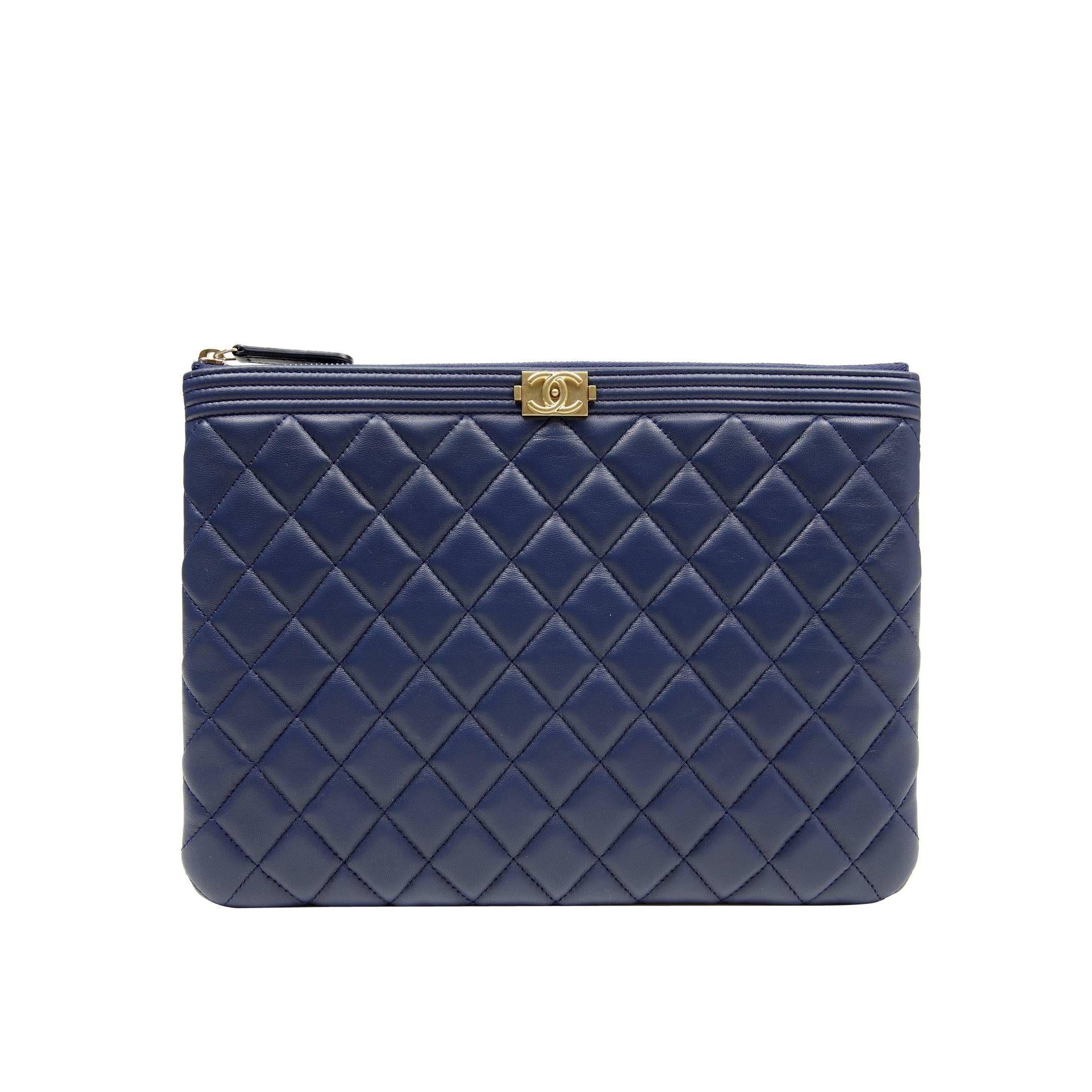 Chanel Blue Quilted Leather Boy Clutch Portfolio