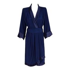 Yves Saint Laurent Haute Couture Navy Silk / Satin Kimono Sash Wrap Dress, 1979 