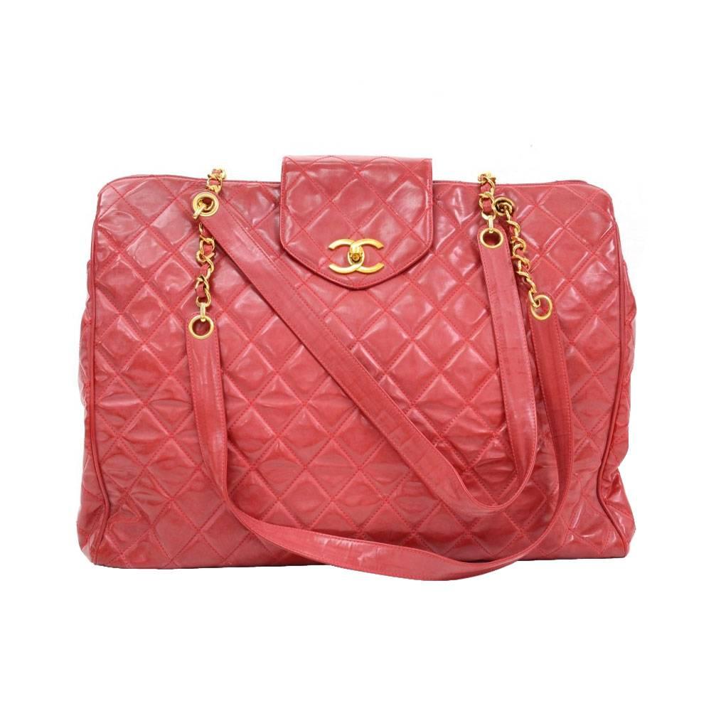 Chanel Red Vinyl Gold Chain HW Supermodel Weekender Travel Tote Shoulder Bag