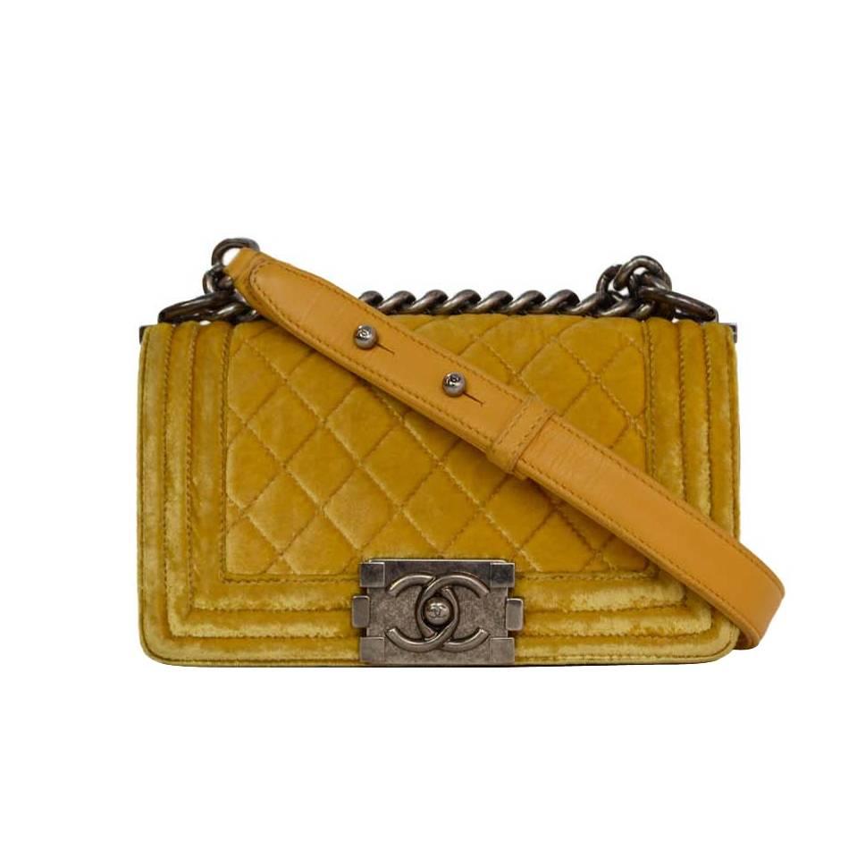 Chanel Yellow Velvet Quilted Small Boy Bag SHW