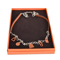 Hermes Olga 5 Charm Barenia Leather Silver Chain Belt Necklace
