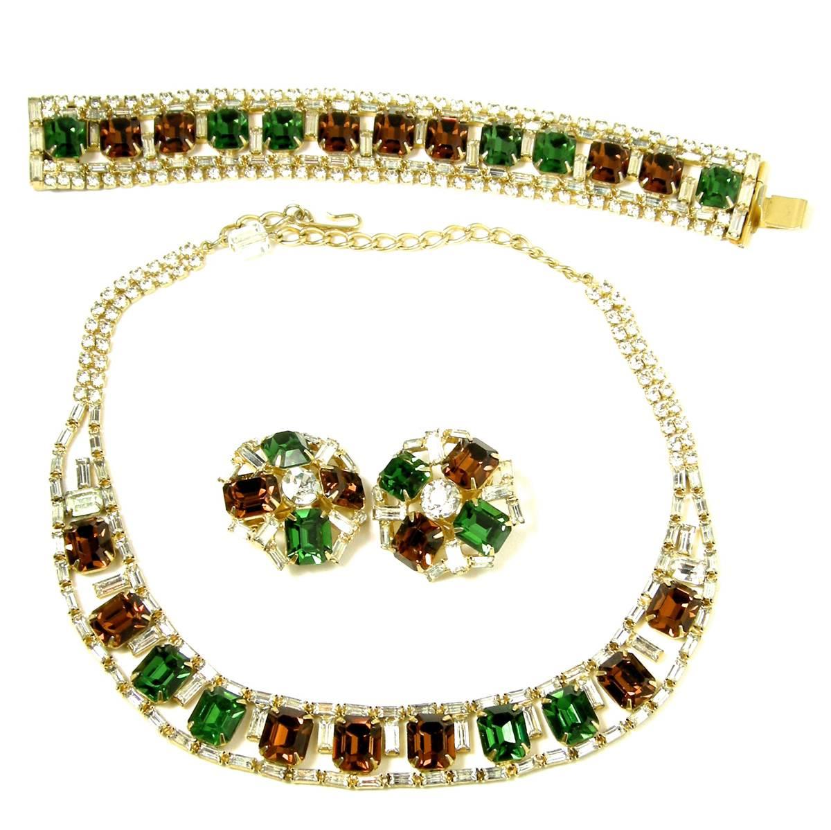 Vintage Hobe Parure Emerald Green, Topaz Crystal Necklace, Earring & Bracelet Se