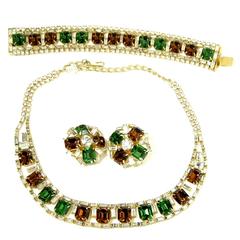 Retro Hobe Parure Emerald Green, Topaz Crystal Necklace, Earring & Bracelet Se