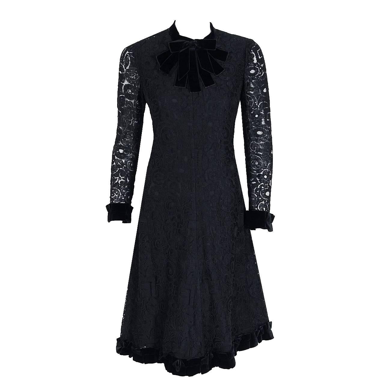 1965 Yves Saint Laurent Haute-Couture Black Lace & Velvet Tuxedo-Bow Dress  