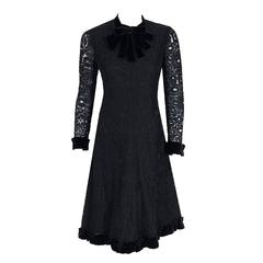 Vintage 1965 Yves Saint Laurent Haute-Couture Black Lace & Velvet Tuxedo-Bow Dress  