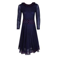 1970's Thea Porter Navy & Pink Polka-Dot Print Cotton Voile Long-Sleeve Dress 2
