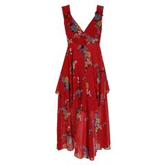 1970's Ossie Clark Raspberry-Red Floral Crepe Celia Birtwell Print Tiered Dress