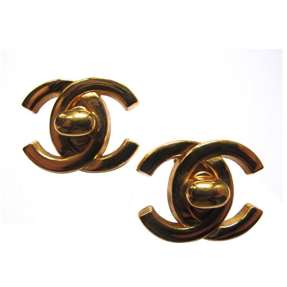 Chanel Gold-Tone Logo Clip Earrings For Sale
