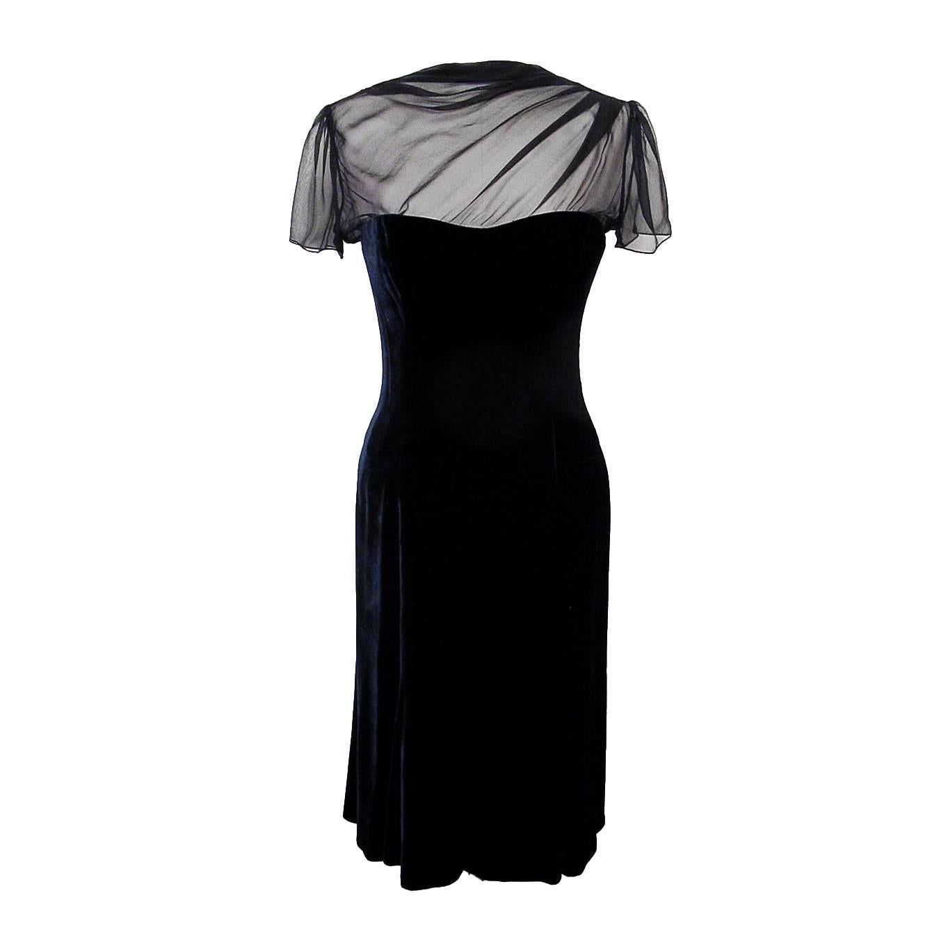 NEW Ralph Lauren Collection Black Chiffon and Navy Blue Velvet Cocktail Dress For Sale