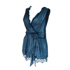 Louis Vuitton Draped Gunmetal Silk & LV Embroidered Lace Blouse Spring 04 Sz 42