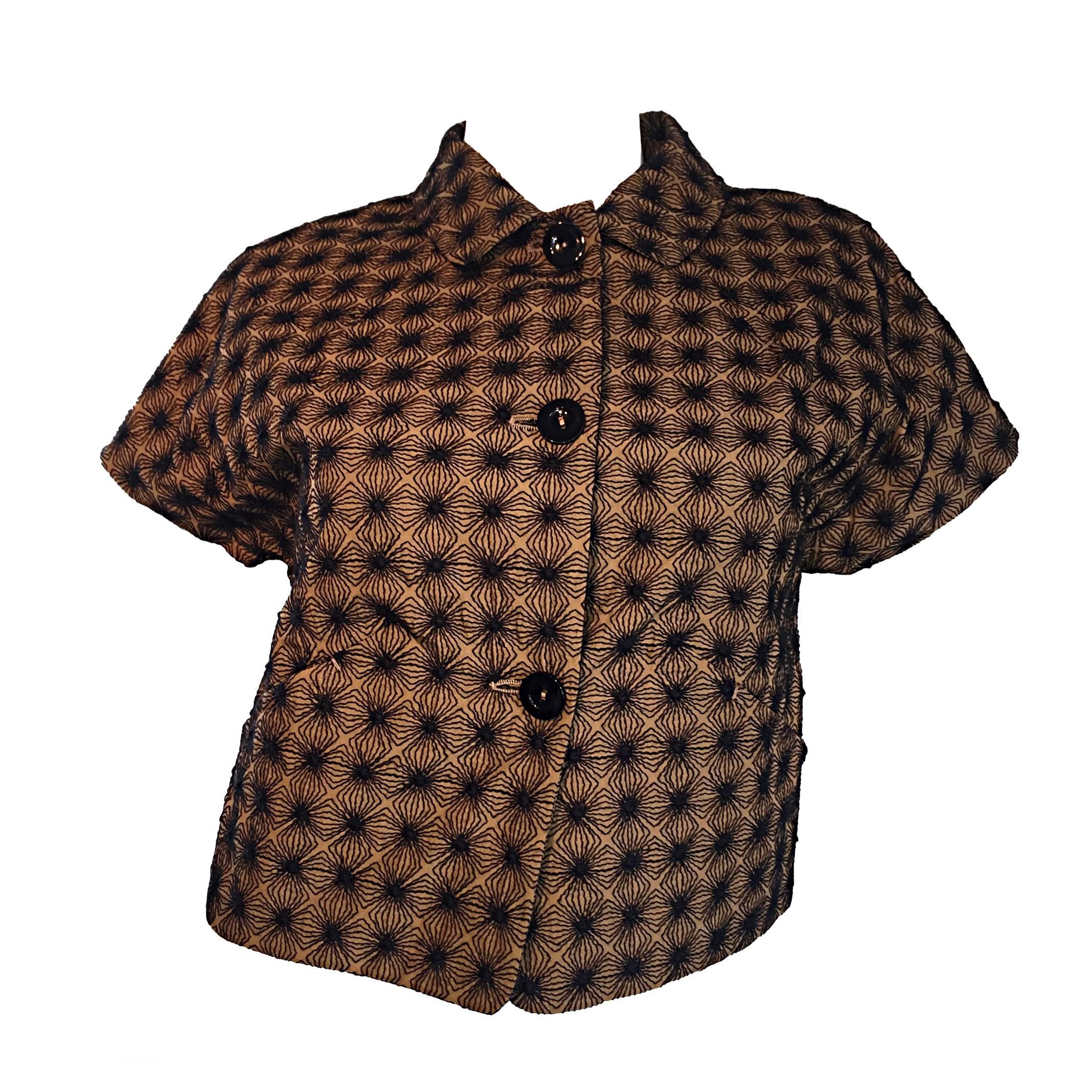 Piazza Sempione Brown and Black Embroidered 40s Style Cropped Cotton Jacket For Sale