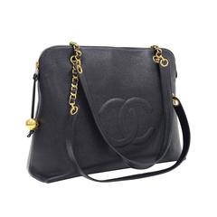 Vintage Chanel Black Caviar Gold Chain Oversize Weekender Shopper Tote Shoulder Bag