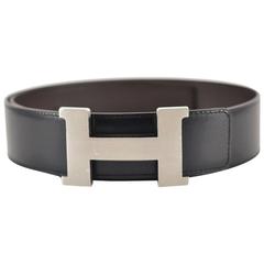 HERMES BELT H BOX CHAMONIX LEATHER BLACK CHOCOLAT 80cm PALLADIUM hardware REVERS