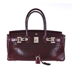 Hermes 42cm Shiny Bordeaux Porosus Crocodile JPG Shoulder Birkin Bag JaneFinds