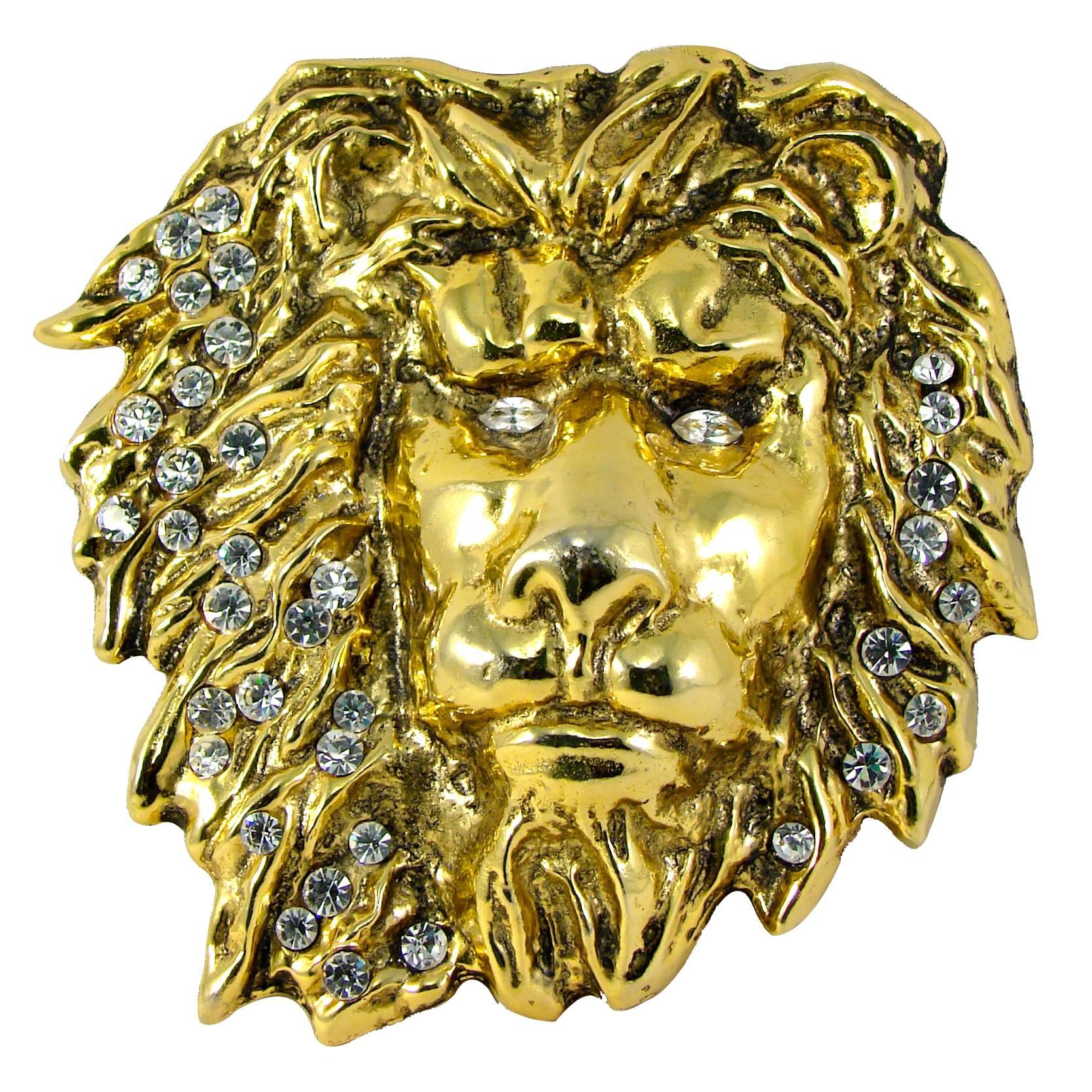 Laloon Large Figural Gold Metal Lion Head Belt Buckle with Rhinestones 1980s 