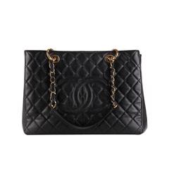 2000s Chanel Black Quilted Caviar Leather Grand Shopping Tote GST
