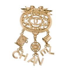 Chanel Rare Gold Metal and Pearl Large Logo Charm Pin Brooch