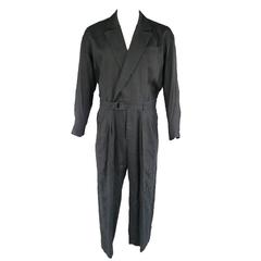 ISSEY MIYAKE L Navy Black Linen Notch Lapel Pleated Jumpsuit Overalls