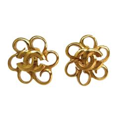 Chanel Retro Gold CC Camellia Flower Button Earrings in Box