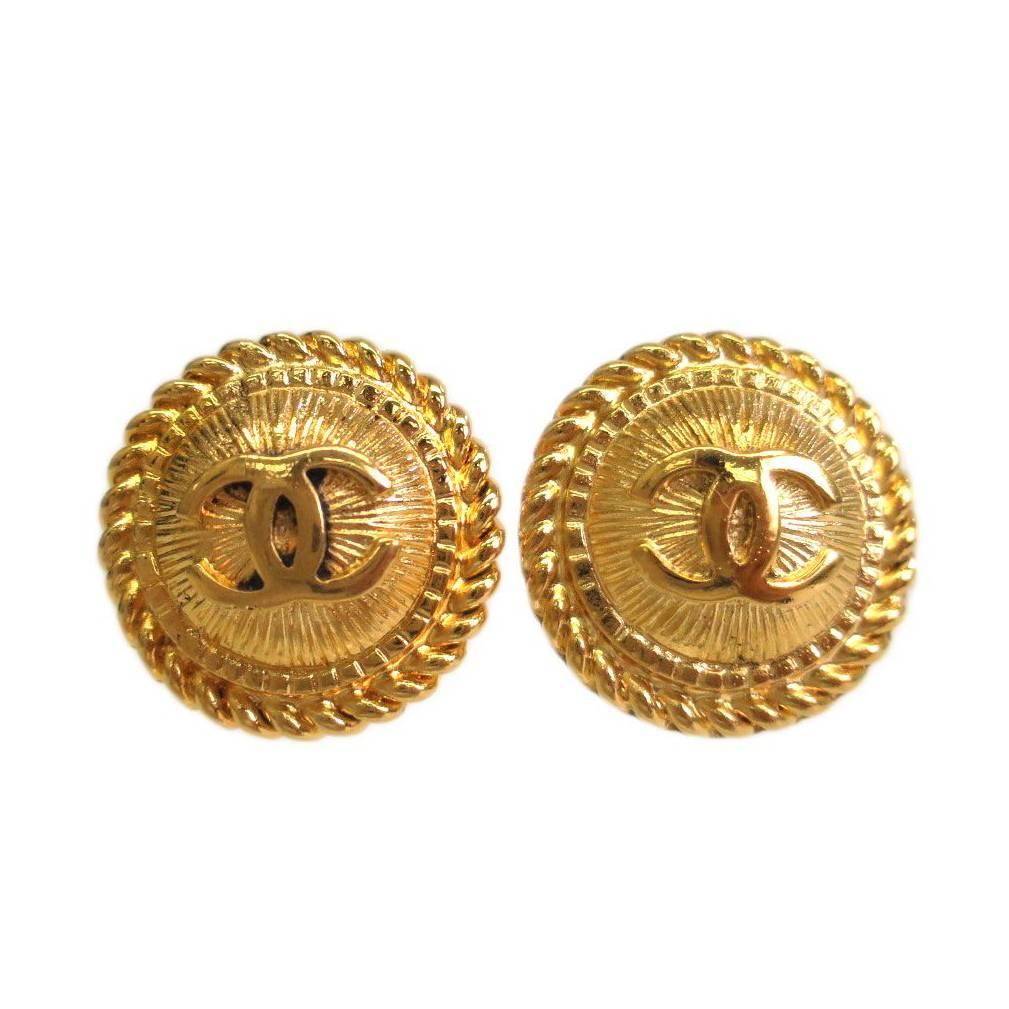 Chanel Vintage Gold CC Logo Round Button Textured Earrings
