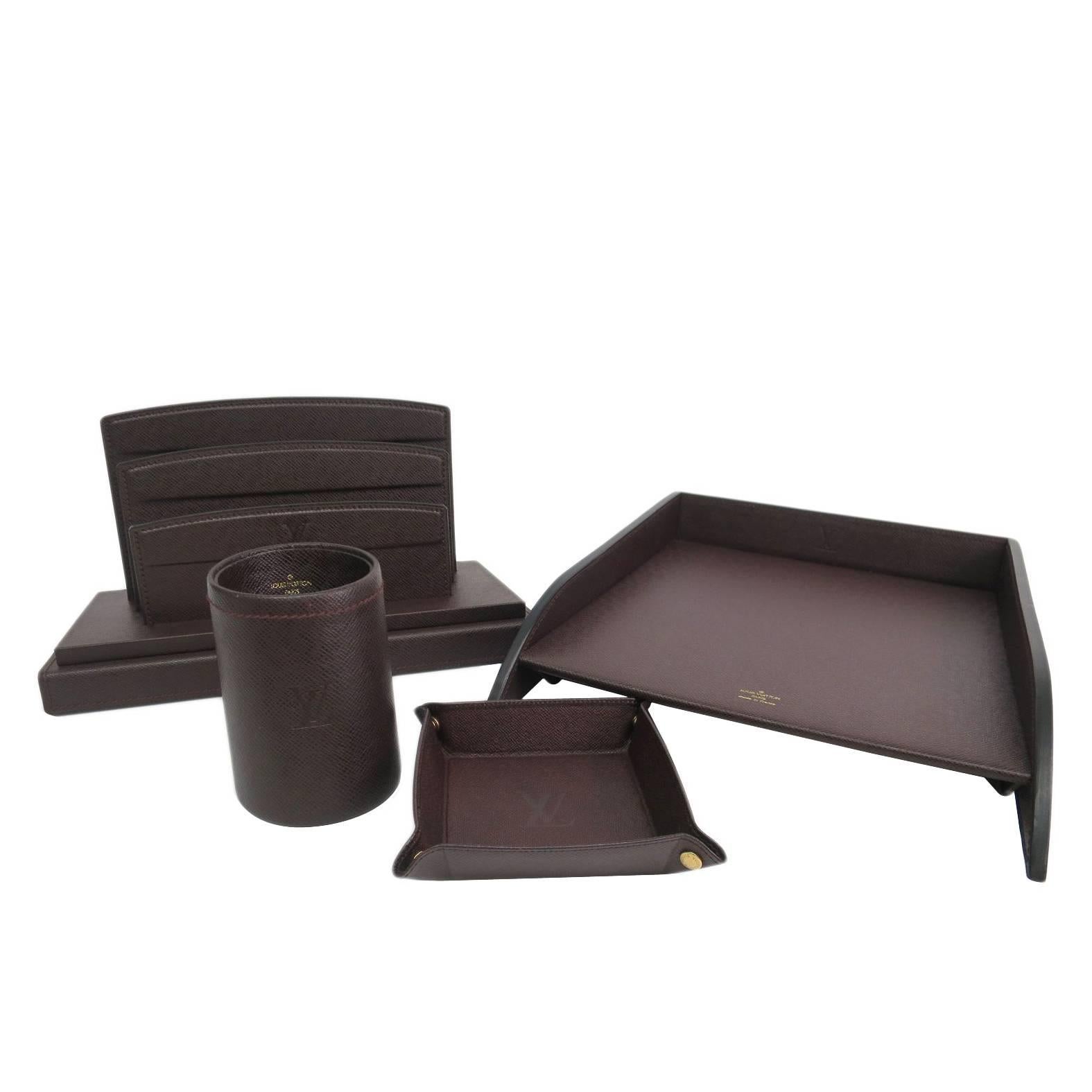 Louis Vuitton Four Piece Dark Brown Taiga Leather Desk Stationery Kit in Box