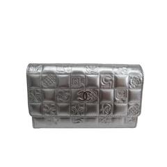 CHANEL Silver Metallic Pewter Lambskin Leather Charm Symbols No. 5 Wallet In Box
