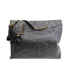Retro Chanel Black Caviar Gold Chain Weekender Travel Shopper Tote Shoulder Bag