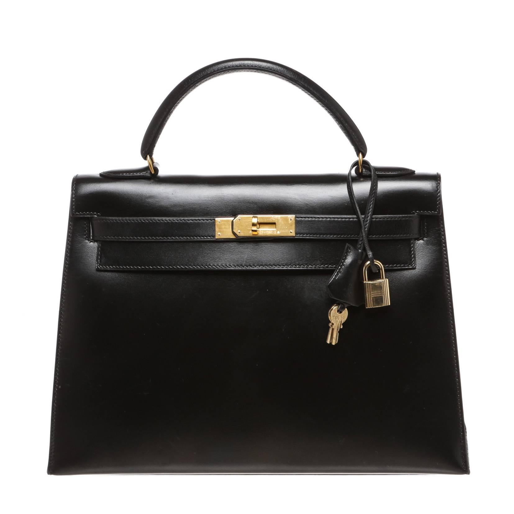 Hermes Black Leather 32cm Kelly Handbag GHW For Sale