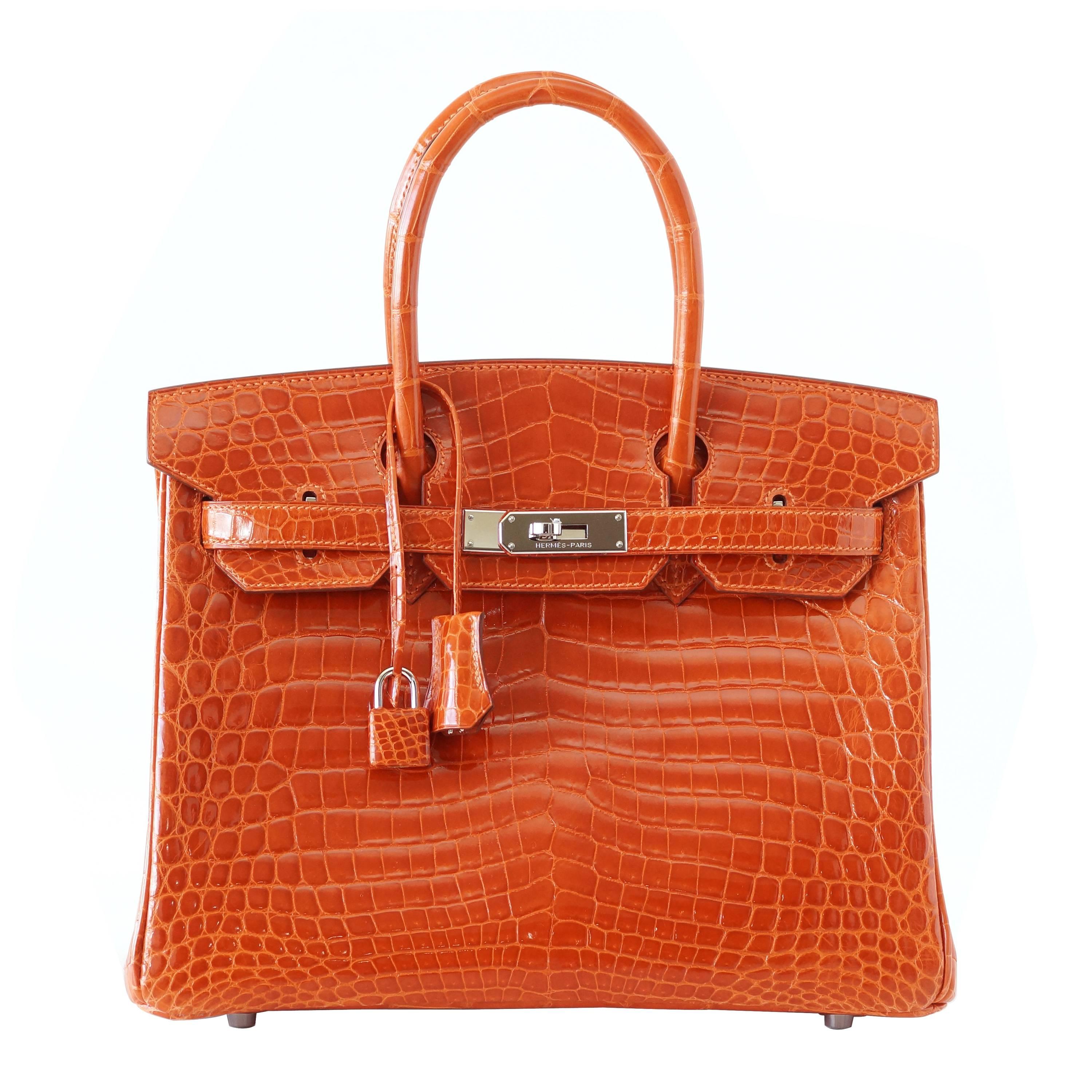 Hermes Birkin 30 Bag Orange Feu Crocodile Palladium Hardware 