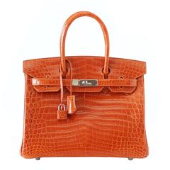 HERMES BIRKIN 30 Bag Orange Feu Crocodile Palladium Hardware 12