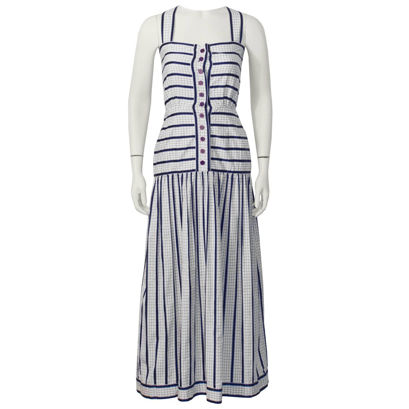 1970's Adele Simpson White and Navy Cotton Maxi Dress