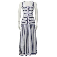 1970's Adele Simpson White and Navy Cotton Maxi Dress