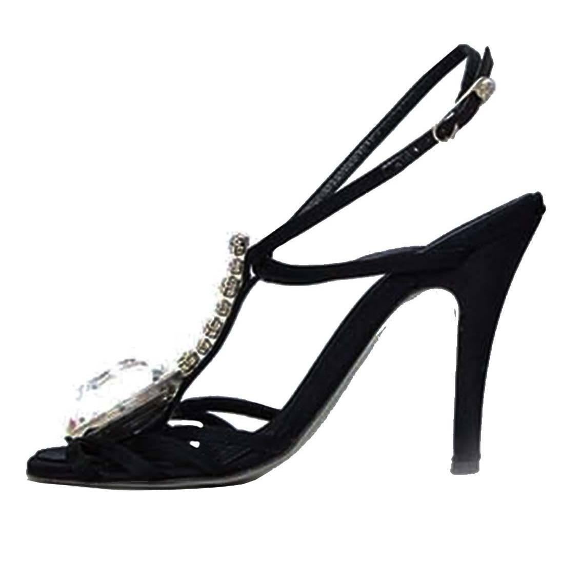 Chanel Black Satin & Crystal Evening Sandals sz 38