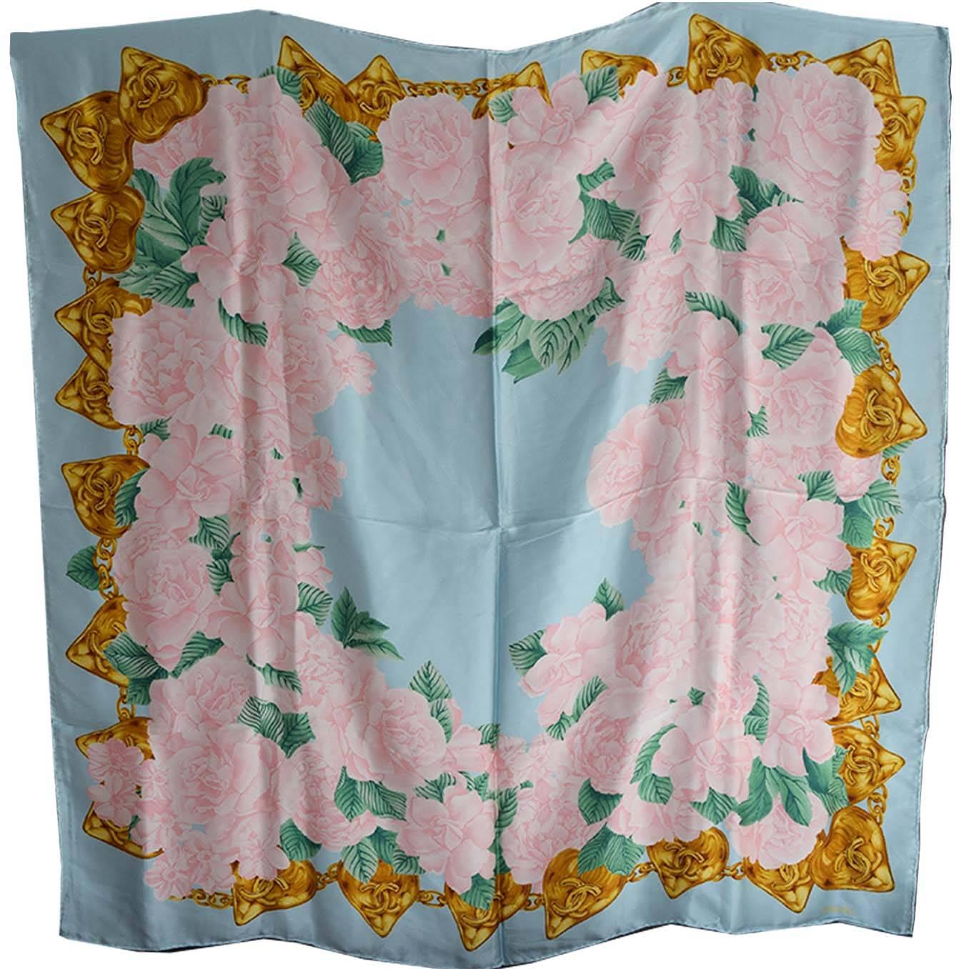 Chanel vintage large silk scarf pale blue 
pink Spring 1993