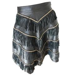 Rare Gianni Versace Couture FW 1992 Studded Bondage Leather Fringe Skirt