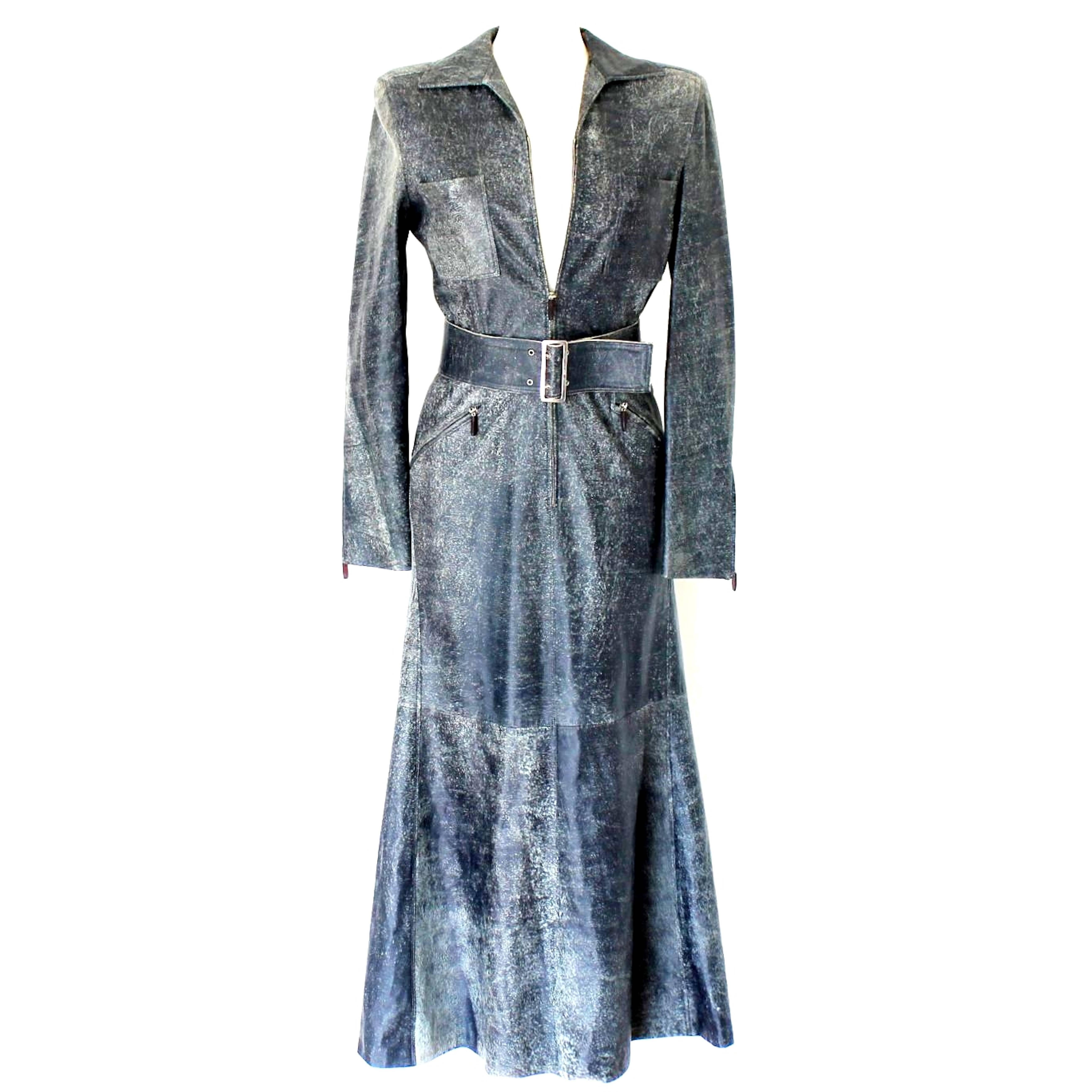 GIANNI VERSACE Demin/Jeans-Style Distressed Leather Dress Gown 2001 For Sale