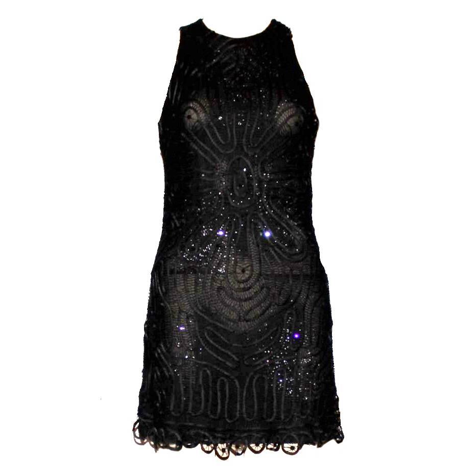 Rare Gianni Versace Couture Crochet Knit Crystal Tulle Mesh Little Black Dress